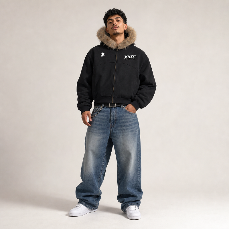 Sun Fade Boxy Detachable Fur Hoodie