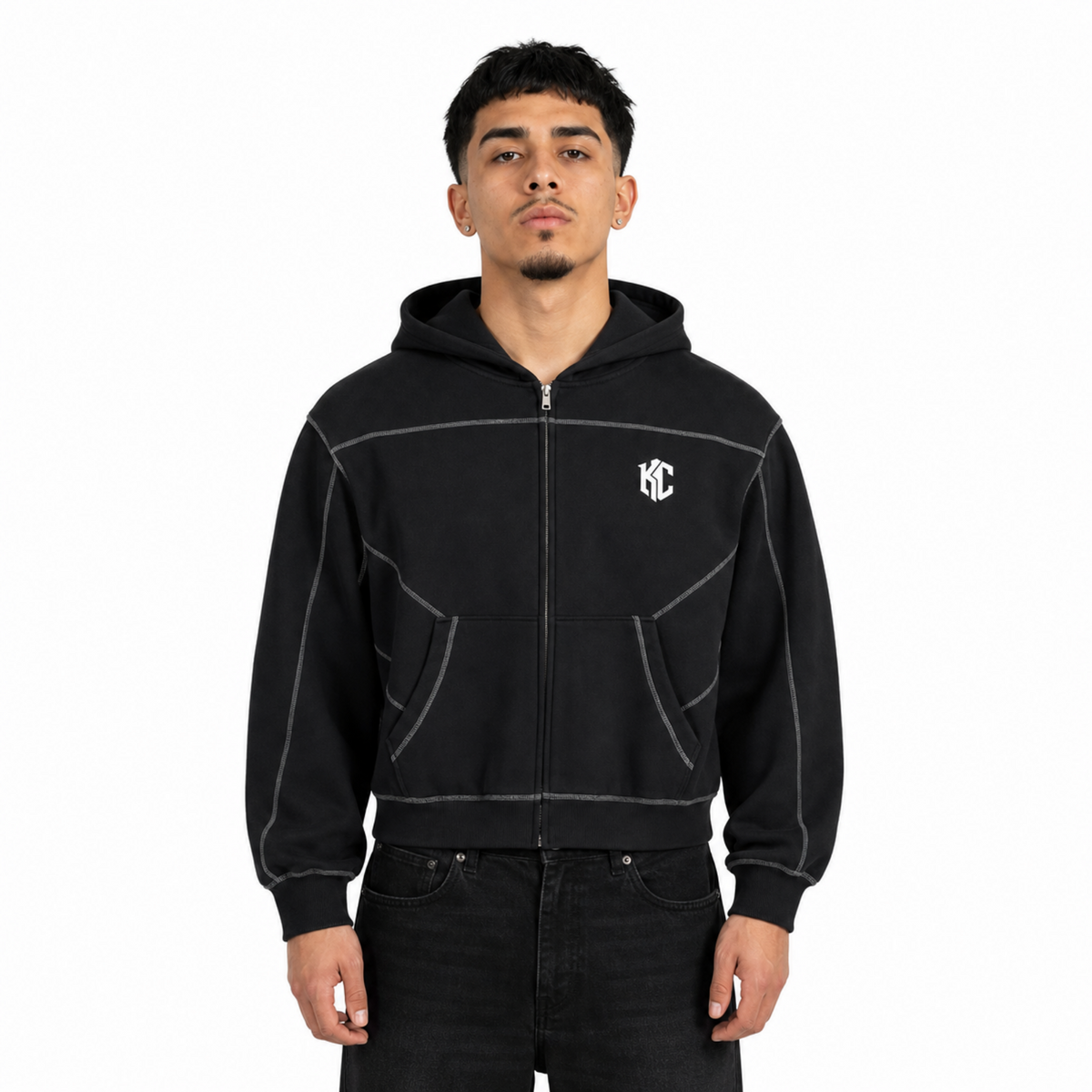 Contrast-Stitched Boxy Fleece Zip Hoodie