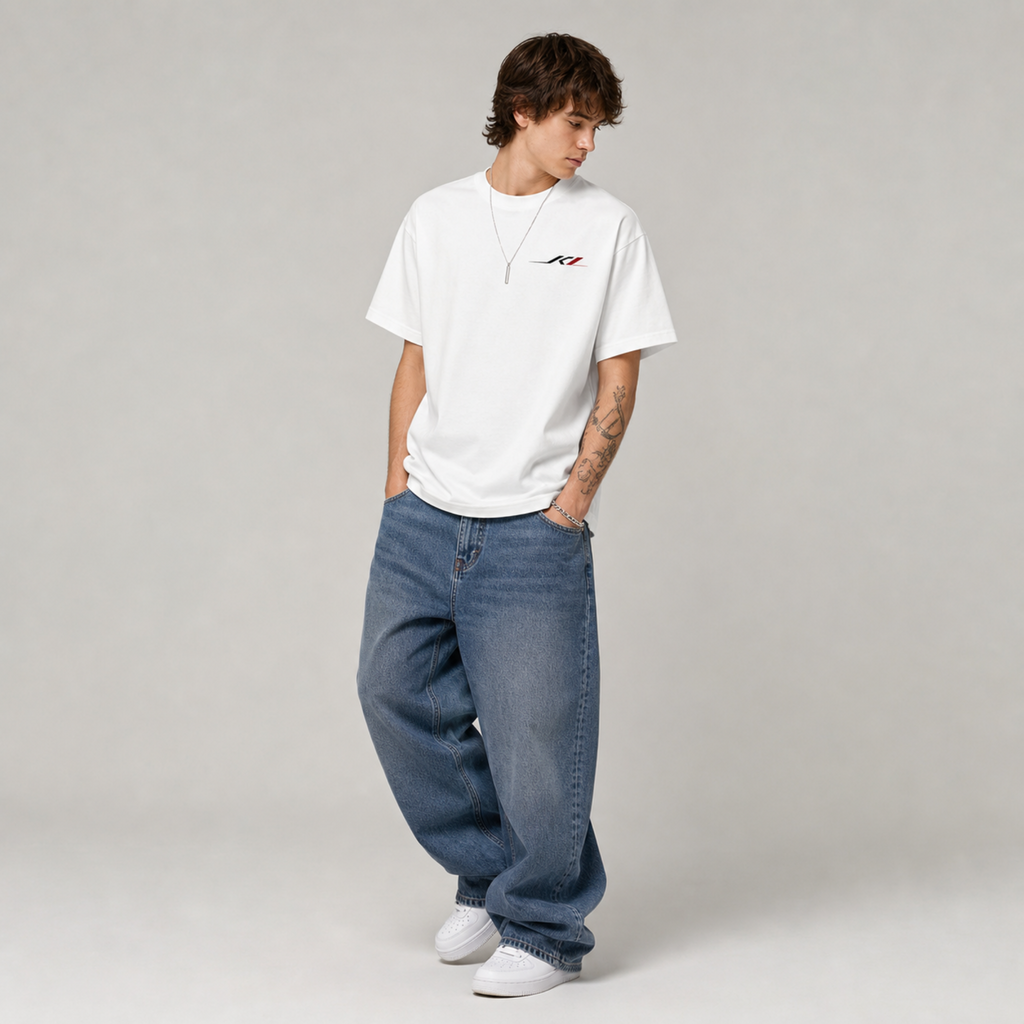 Minimal Racing Stripe Tee — Small Front Emblem Cotton T-Shirt