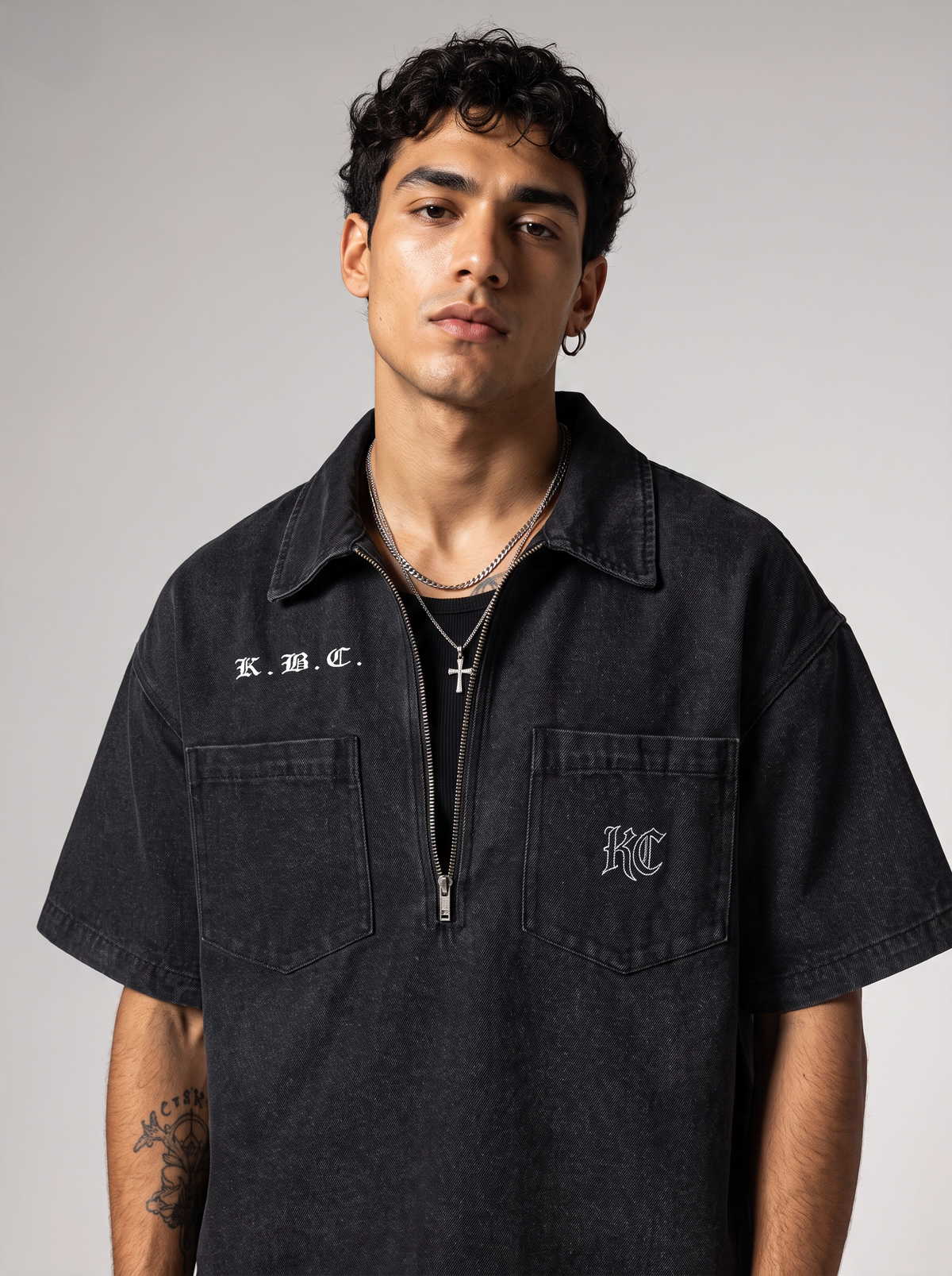 Vintage Wash Boxy Quarter-Zip Denim