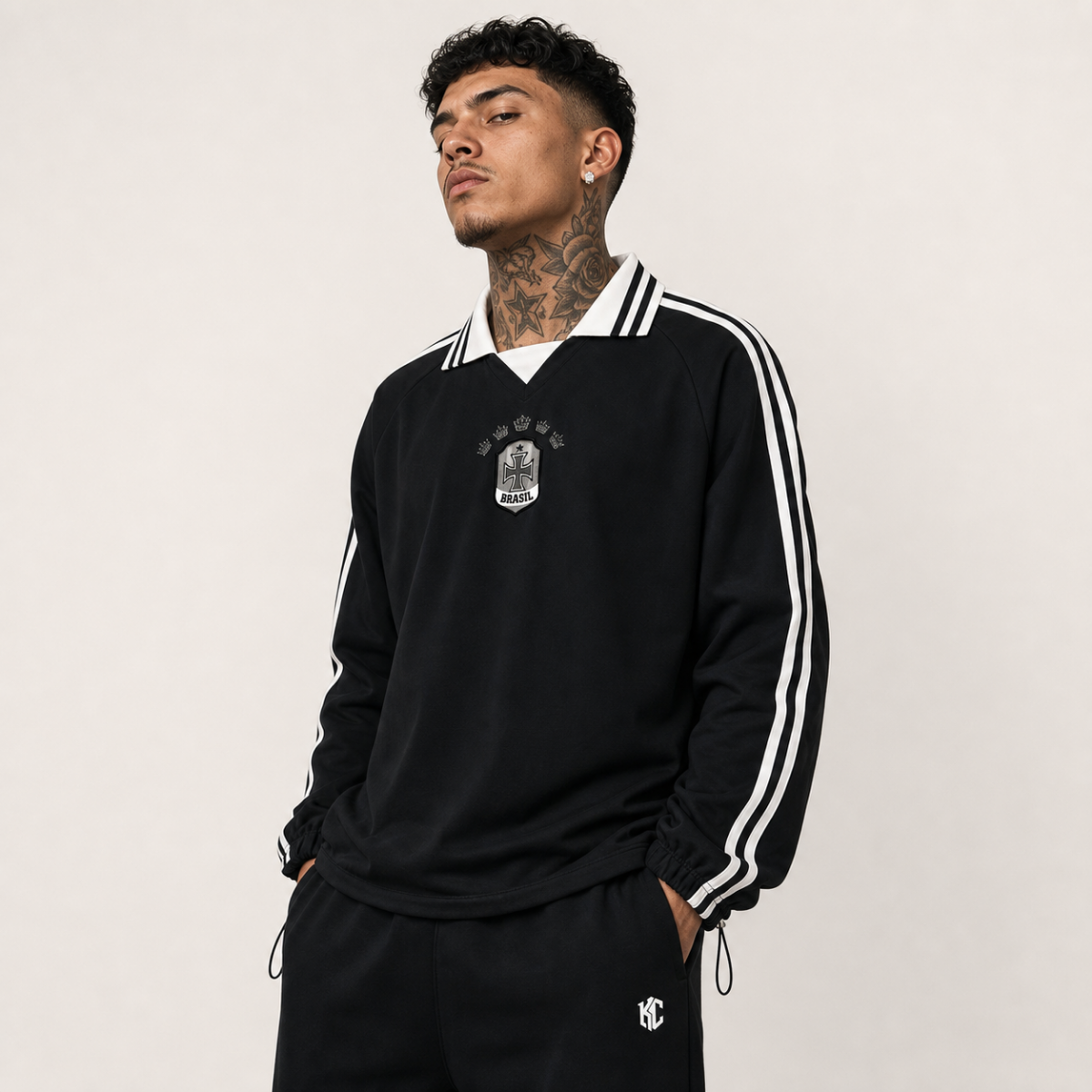 Contrast Striped Lapel Collar Sweatshirt